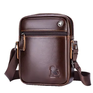 Men's brown leather vertical shoulder bag mini casual crossbody bag for mobile phone.