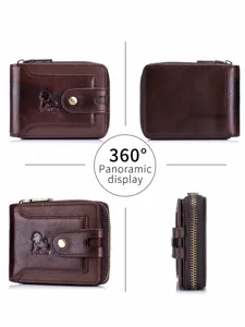 Portafoglio vintage marrone da uomo in vera pelle con tasca con zip, elegante e comodo.