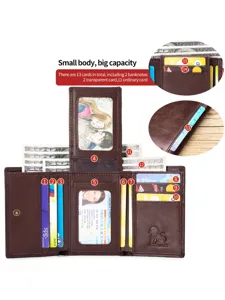 STEEL LION brown leather multi-card wallet with photo holder and large capacity.