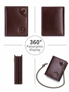 Men's genuine leather vertical vintage wallet with chain and card slots, dark brown color.