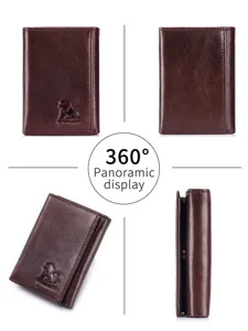 Brown leather tri-fold wallet for men and women, multi-card slots and photo ID holder.