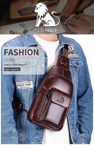 Men genuine leather chest bag casual sling shoulder crossbody bag high capacity daypack