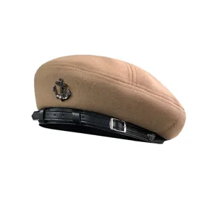 Khaki woolen beret hat for women autumn winter stylish leather strap metal anchor octagonal cap