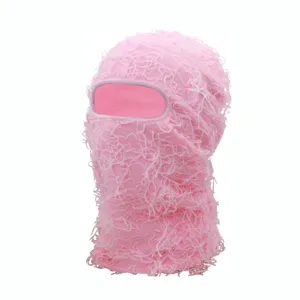 Cagoule duveteuse rose masque de ski en tricot hirsute fête en plein air visage chaud