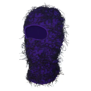 Cagoule tricotée ébouriffée violette masque facial fête fantaisie mode streetwear chapeau noir