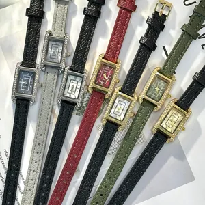 Vintage Rectangular Alloy Faux Leather Rhinestone Quartz Watch For Women Retro Square Dial Luxury Elegance Analog Wristwatch Elegant Timepiece Gift