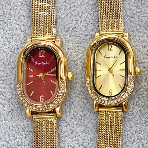 Montre Quartz pour Femme Luxe Ovale Cadran en Strass Bracelet en Maille Métallique Montre Analogique Élégante pour Cadeau