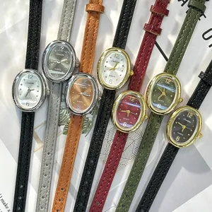 Vintage Retro Women Small Oval Quartz Watch Alloy Faux Leather Slim Band Wristwatch Elegant Decorative Waterproof Casual Female Clock Jewelry