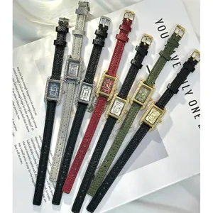 Women rectangular rhinestone leather watch minimalist vintage quartz wristwatch set chic