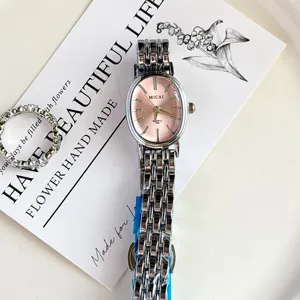 MICAI women's stainless steel quartz watch with elegant oval pink dial and metallic strap.