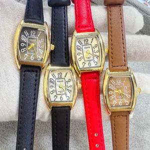Kloris women tonneau quartz watch with leather strap classic digital dial detail view