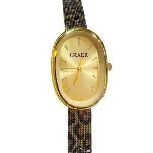 LEAER Orologio Quarzo Ovale Donna Cassa Oro Cinturino Maglia Leopardo Moda Elegante