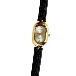 MICAI women vintage oval quartz watch with black leather strap elegant minimalist style main
