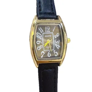Kloris women quartz watch with tonneau gold case, brown dial and black leather strap, main shot