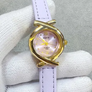 Kloris women quartz watch with purple leather strap unique cross gold case detail view