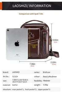 Men's genuine leather crossbody bag retro shoulder bag with multiple pockets and size guide.