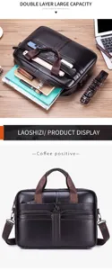 Premium leather laptop briefcase with large capacity, double layer design for men.