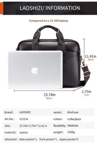 Leather briefcase detail specifications showing size dimensions and internal pocket structure.
