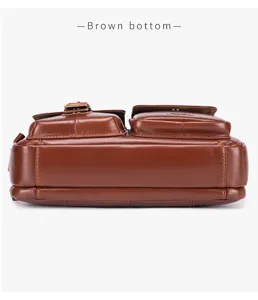 Detailed bottom view of vintage genuine leather men shoulder bag, showing premium cowhide texture.