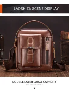 Men vintage leather shoulder bag casual brown crossbody bag multi-pocket business handbag.