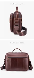 Detail view of the brown leather men's messenger bag showing multi-pocket side and back design.