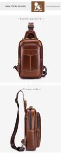 Premium leather chest bag for men, vintage brown sling bag with multi-pocket design detail
