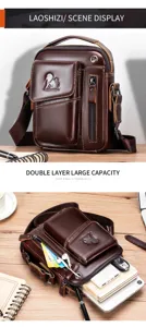 Detailed scene display of genuine leather men's retro crossbody bag with large capacity.