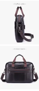 Premium leather laptop briefcase detail view, professional business bag for men with handle.