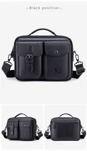 Black leather men's messenger bag with multi pockets casual crossbody shoulder bag for business.