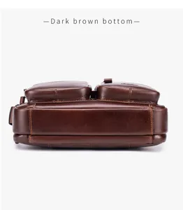 Dark brown genuine leather men crossbody bag bottom detail view showing premium quality.