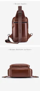 Close-up detail of brown leather men chest bag back and bottom showing fine leather texture.