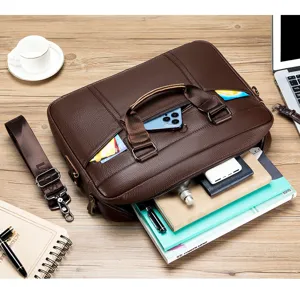 Men's genuine leather briefcase 15-inch laptop bag business shoulder cross-body bag dark brown