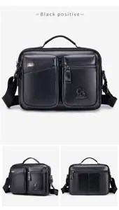Men genuine leather shoulder bag with multi-pocket business messenger design black