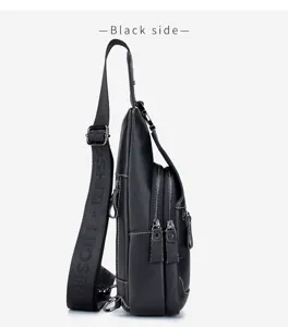 Genuine leather chest bag for men, vintage casual sling backpack with multi zipper pockets.