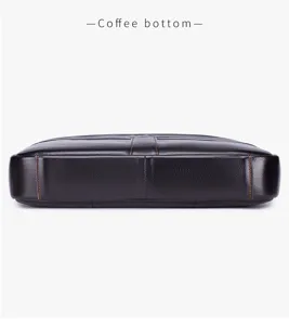 Genuine leather briefcase bottom detail view, premium cowhide material with neat stitching.