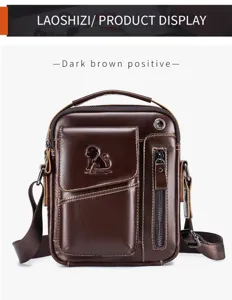Men's genuine leather messenger bag dark brown casual shoulder bag with front zipper pocket.