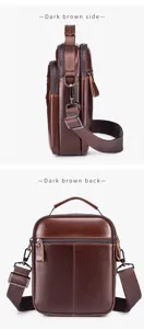 Detail view of the dark brown leather men sling bag showing multi-layer zipper and side strap.