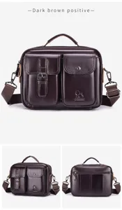Vintage brown leather men messenger bag retro cowhide crossbody shoulder bag detail view