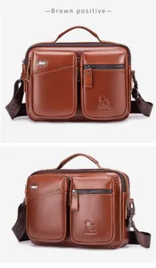 Brown genuine leather men's messenger bag with multiple compartments and sturdy handle.