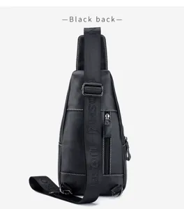 Detailed view of black genuine leather chest bag strap and metal buckle, durable craftsmanship.