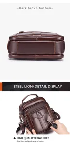 Detail view of men retro cowhide leather crossbody bag showing texture and bottom stitching.