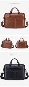 Detailed view of genuine leather men's briefcase, brown and black colors, large capacity laptop bag.
