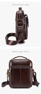 Genuine leather men crossbody bag dark brown detailed side and back view product display.