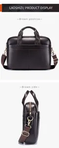 Men's genuine leather business briefcase laptop bag in dark brown with shoulder strap