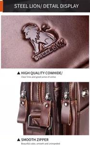 Brown genuine leather messenger bag detail view, multi-zipper compartments, durable cowhide.