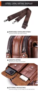 Men's genuine leather shoulder bag detail view with durable hardware and smooth zippers.