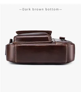 Men genuine leather shoulder bag dark brown bottom detail view high capacity commuting