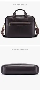 Detail view of brown genuine leather men's briefcase showing back pocket and reinforced stitching.