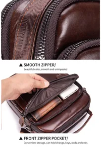 Genuine leather men messenger bag detail view, close up zipper and front pocket storage space.