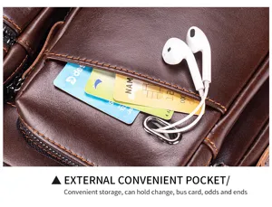 Men leather crossbody bag external convenient pocket detail, brown cowhide, multi-functional.